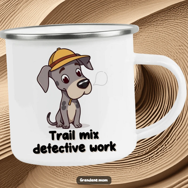 Funny Great Dane detective camping mug, rugged and portable, featuring a dog solving a mystery, great for outdoor gifts.