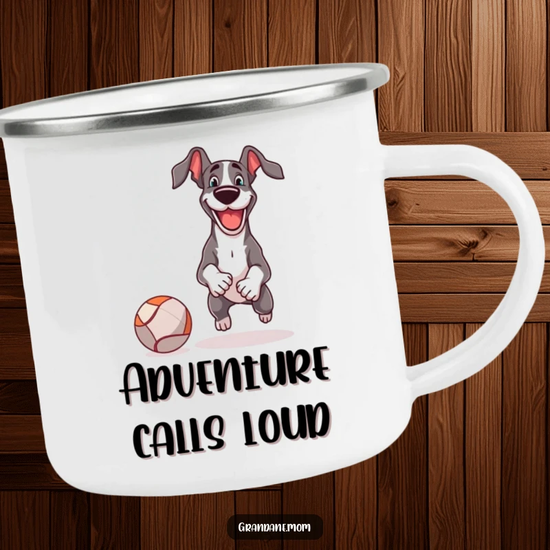 Funny Camping Mug featuring a Great Dane playing fetch with a comically large ball, perfect for active dog lovers.