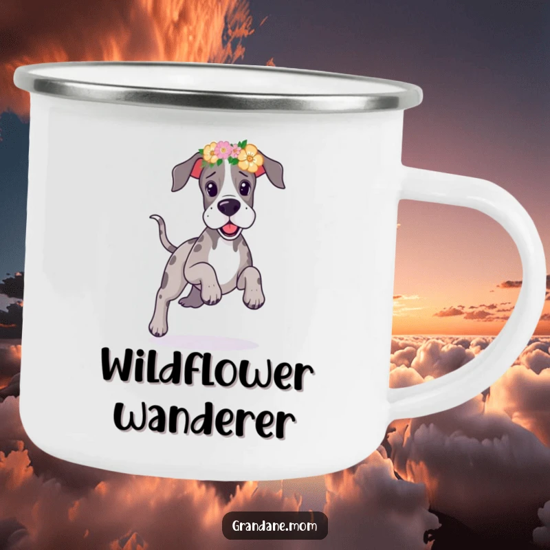 Funny Great Dane flower headband camping mug showing a happy dog prancing playfully in an outdoor setting.