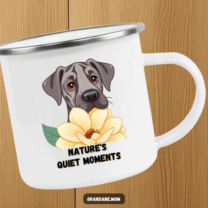 Funny Camping Mug featuring a Great Dane peeking over a large flower, perfect for nature lovers with a sense of humor.
