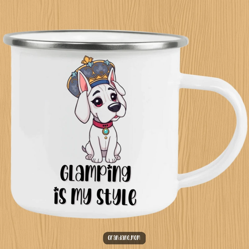 Funny Grand Dane camping mug, elegant dog wearing a large, ornate hat, ready for outdoor adventures.