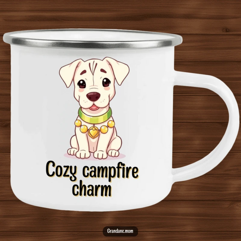 A Grand Dane wearing a shiny collar, radiating gentle warmth, on a rustic enamel camping mug.