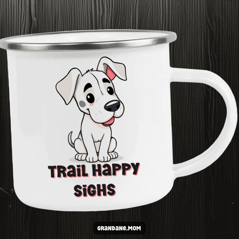 Funny camping mug with a happy Grand Dane, complete with floppy ears and a slow tail wag, perfect for outdoor fun.