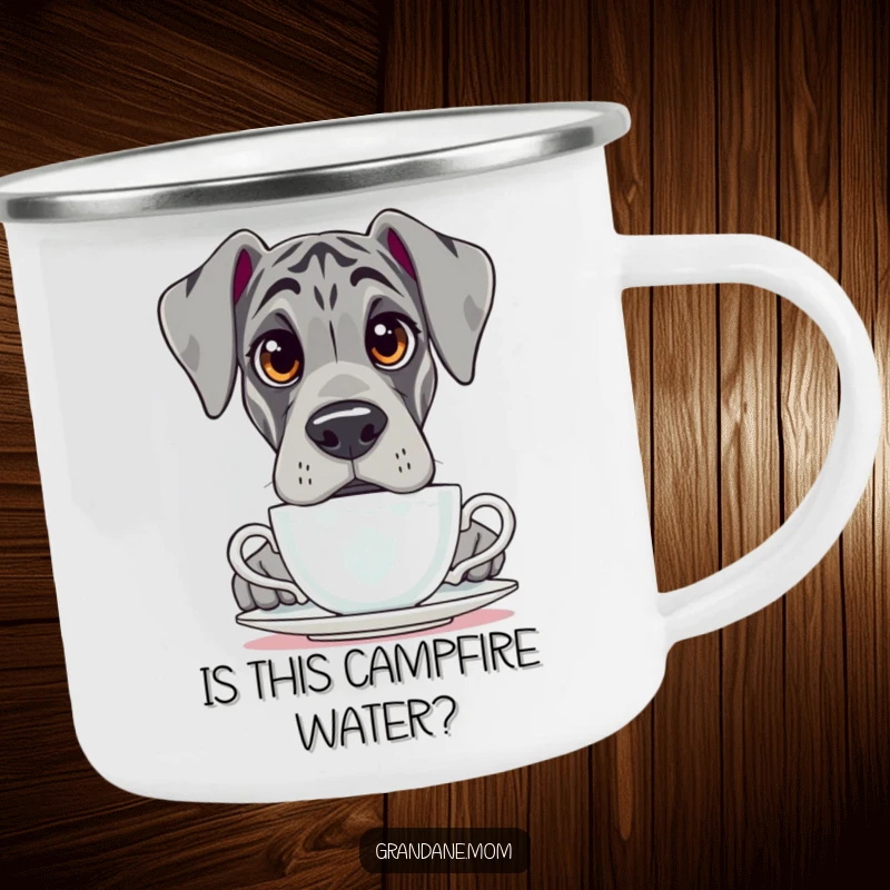 Funny Grand Dane camping mug, enamel, showing a dog with large, questioning eyes peeking over a teacup.