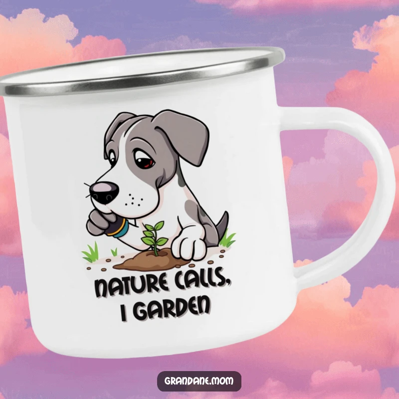 Funny Great Dane gardener camping mug showing a large dog in gloves planting a tiny seedling in an outdoor setting.