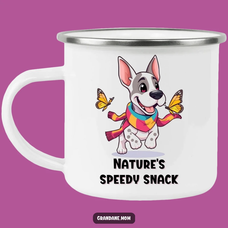 Funny Grand Dane Scarf Camping Mug: Cheerful Dog Butterfly Adventure Gift