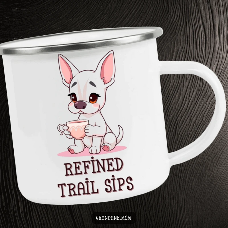 Funny Grand Dane Camping Mug featuring a gentle giant holding a teacup, perfect for outdoor enthusiasts and dog lovers.