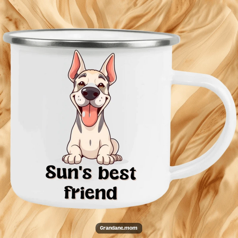 Funny Grand Dane camping mug with a happy, panting dog enjoying the sun, durable for outdoor use.