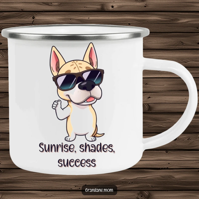 Funny Grand Dane sunglasses camping mug with a large dog wearing stylish shades, posing suavely, ideal for outdoor beverage enjoyment.