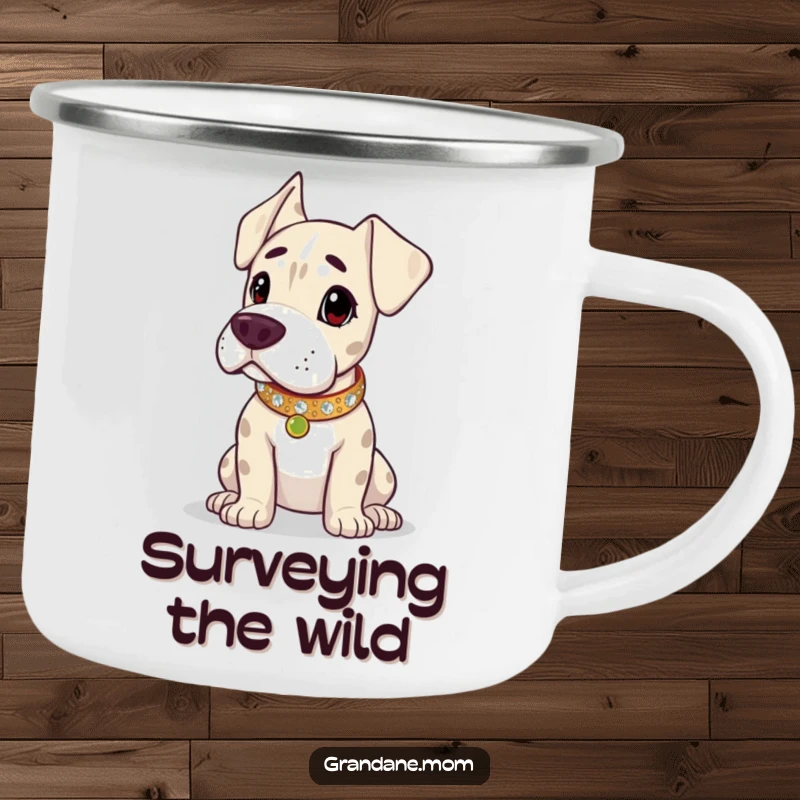Funny Grand Dane camping mug, dog with a sparkling collar, looking majestic on an outdoor adventure. Perfect funny gift for hikers.