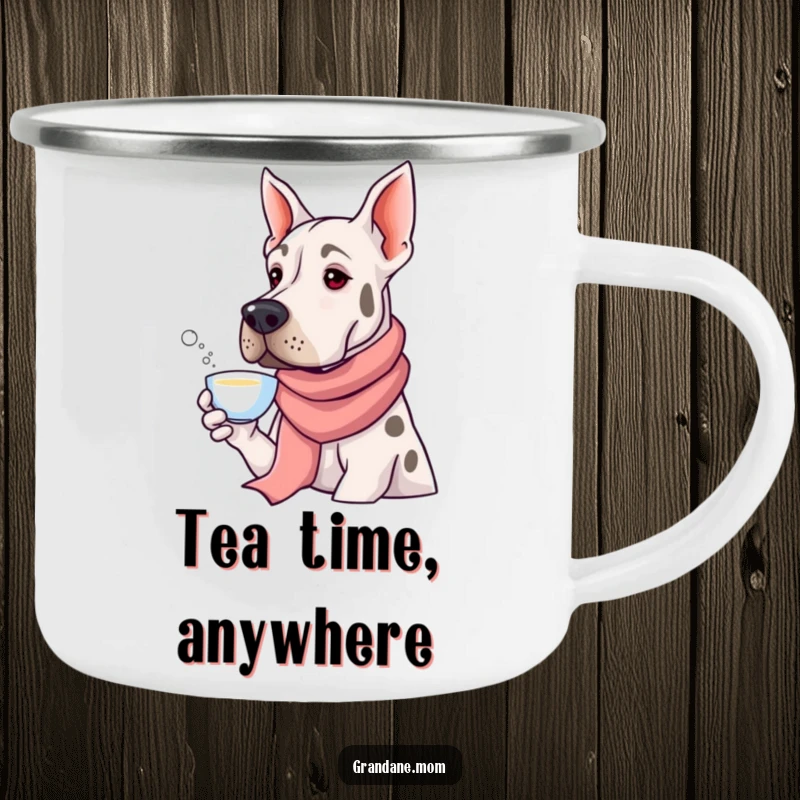 Funny Grand Dane in a long silk scarf sipping tea on a durable camping mug, perfect for humorous outdoor adventures.