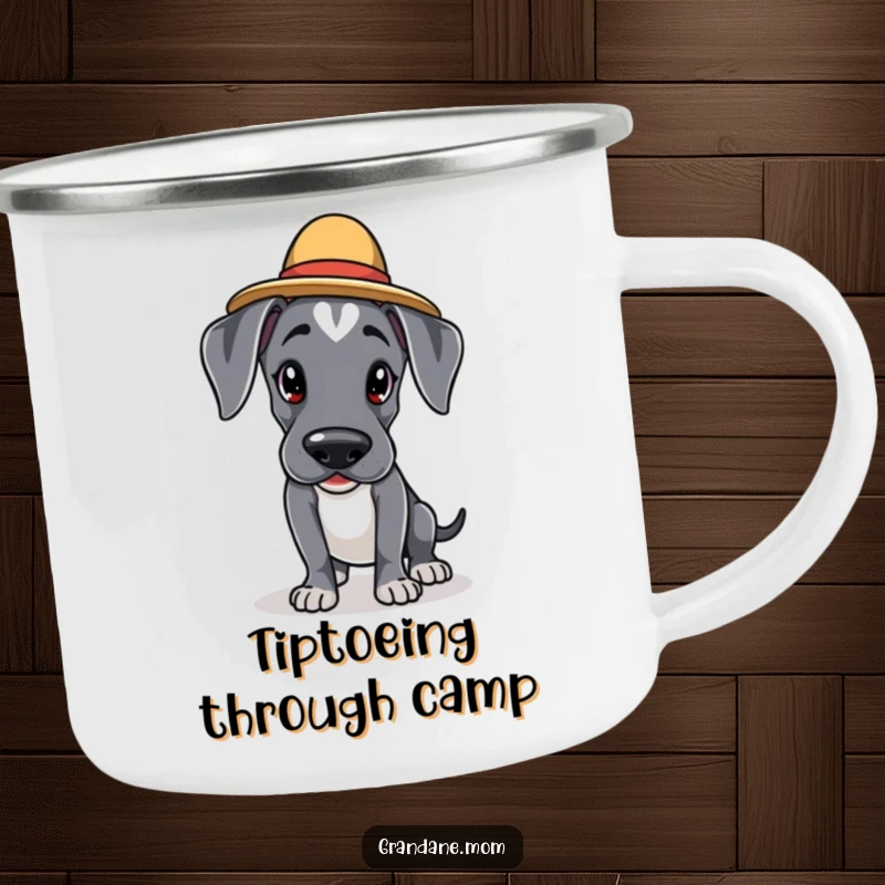 Funny Kawaii Great Dane camping mug: an adorable dog in an elegant hat is tiptoeing cautiously, perfect for outdoor enjoyment with cute stealth.