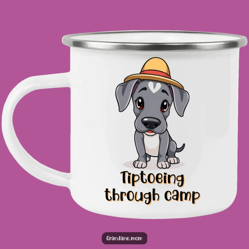Funny Kawaii Great Dane Camping Mug: Elegant Hatted Dog Tiptoes, Outdoor Funny Gift