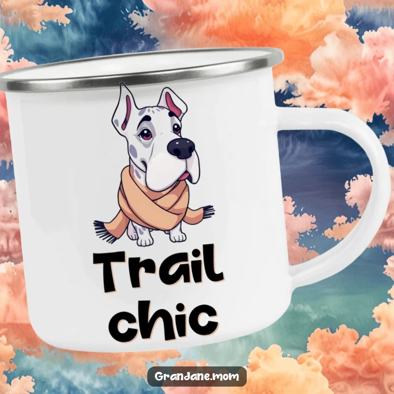 Funny Grand Dane camping mug featuring a large dog wearing a fashionable scarf, ready for stylish outdoor adventures.