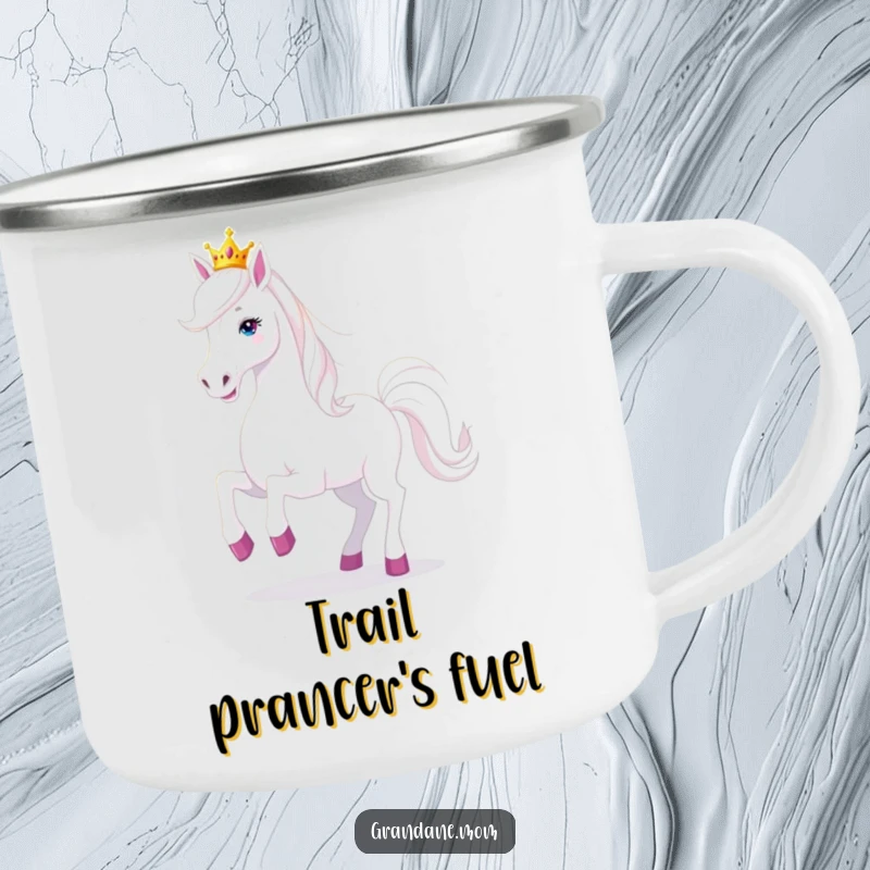 Funny Grand Dane dog wearing a tiara, prancing playfully on a camping mug, ready for outdoor joyful adventures.