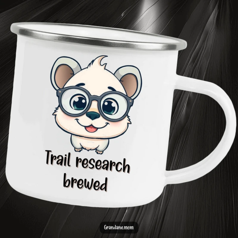 Funny daniff camping mug with a smiling pup wearing oversized spectacles and a curious gaze, perfect for outdoor contemplation.