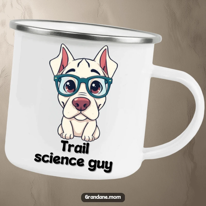 Funny Grand Dane Camping Mug: A Grand Dane with oversized glasses peers curiously, making this mug a humorous and intellectual outdoor companion.