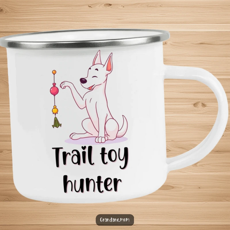 Funny Grand Dane camping mug featuring a large dog reaching for a dangling toy, ready for outdoor play.
