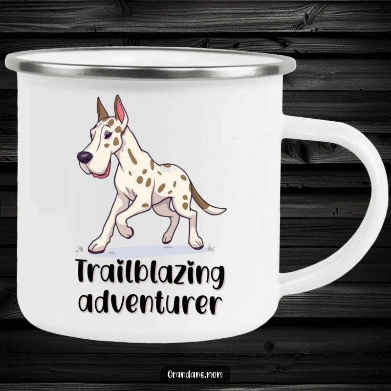 Funny Grand Dane camping mug featuring a dog in a determined trot, ready for any outdoor adventure.
