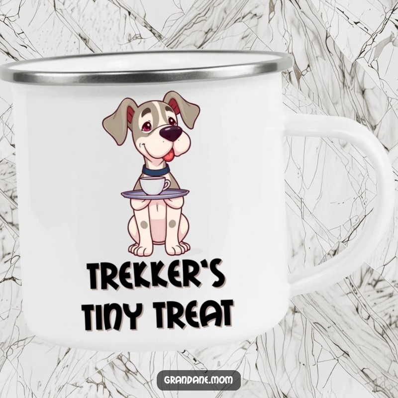 Funny Grand Dane server camping mug with a large dog carefully balancing a tray holding one cup, ideal for outdoor beverage enjoyment.