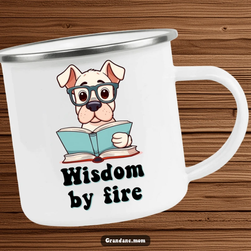 Funny Grand Dane Reader Camping Mug of an intellectual Grand Dane dog wearing reading glasses, reading a book outdoors.