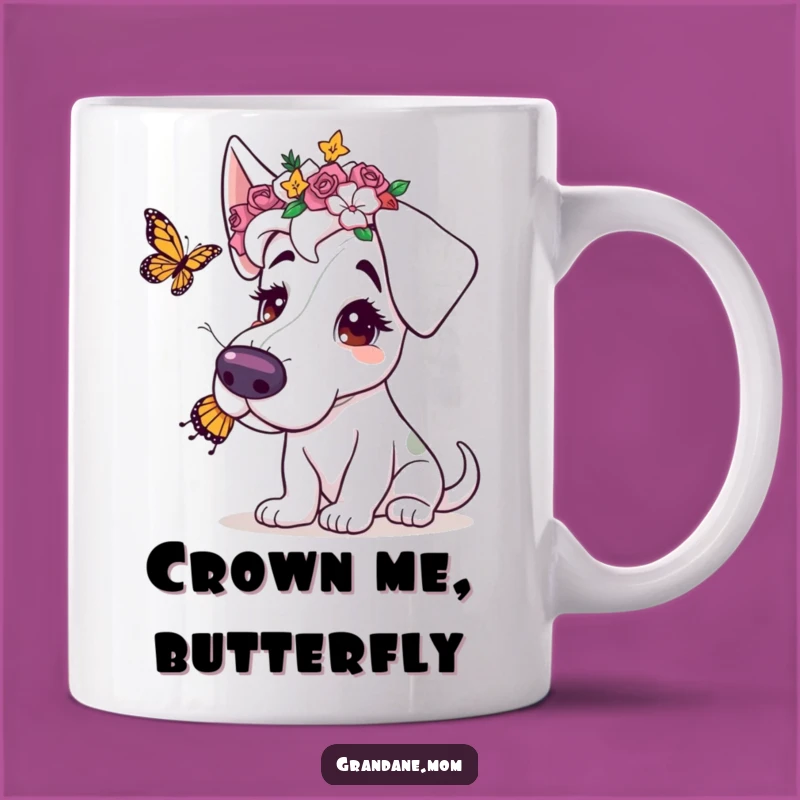 Funny Grand Dane Butterfly Flower Crown Mug: A Gentle Giant's Playful Moment Gift