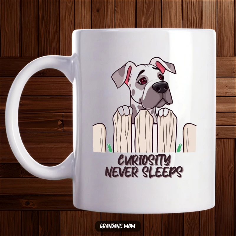 Funny Grand Dane Fence Peek Mug featuring a large dog with floppy ears looking curiously over a tall fence; a humorous gift.