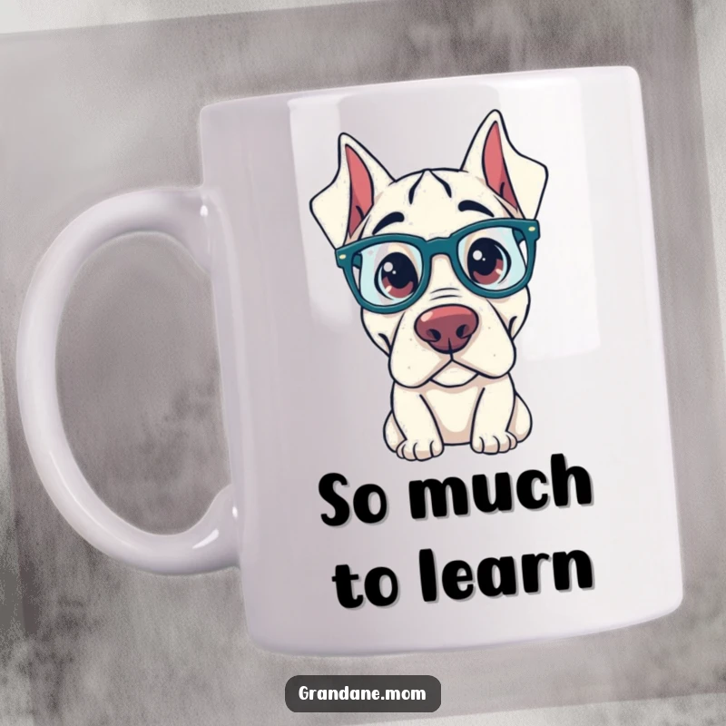 Funny Grand Dane Mug: A Grand Dane peers curiously through oversized glasses, embodying intellectual humor and canine inquisitiveness.
