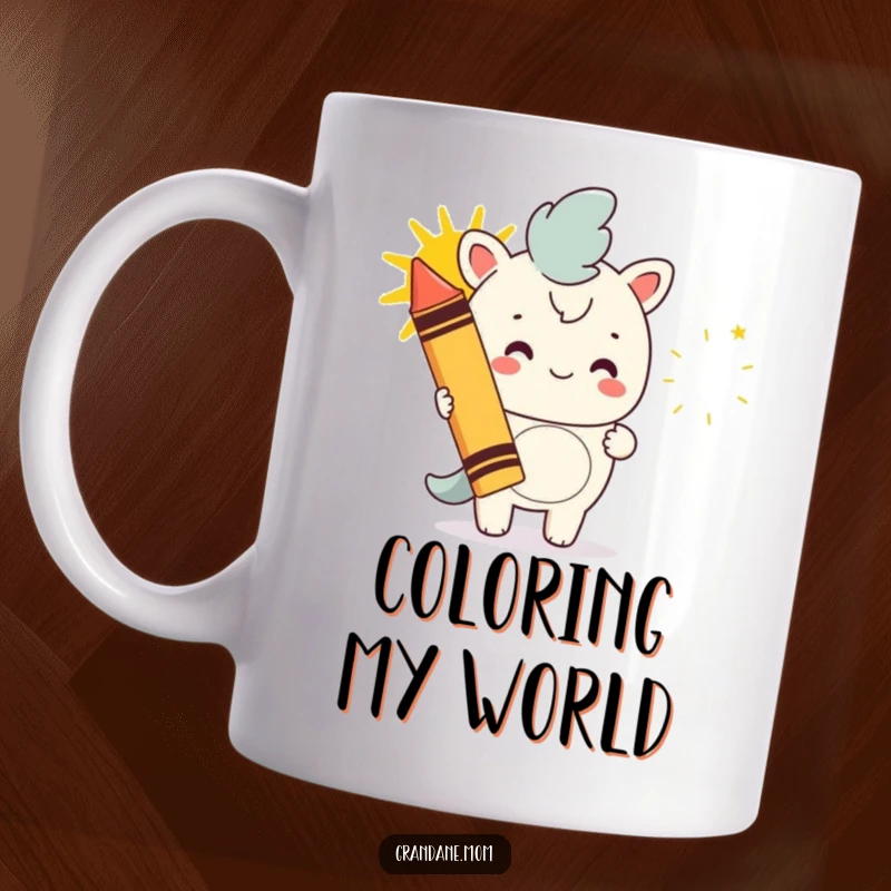 Funny daniff mug, a dog holding a giant crayon drawing a happy sun, symbolizing creativity and joy, a charming funny gift.