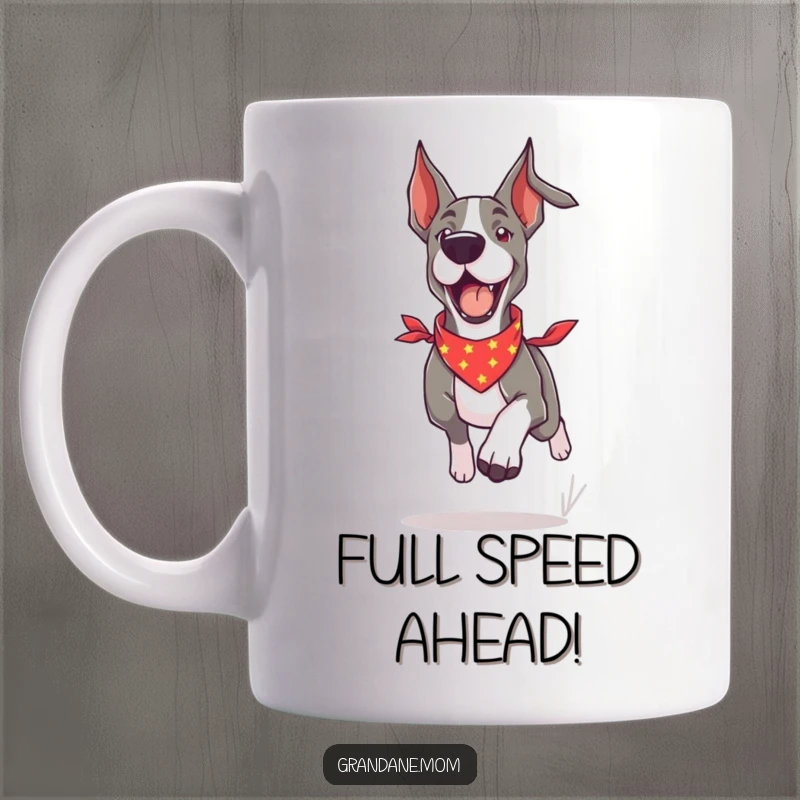 Funny Grand Dane dog mug wearing a bandana, running with infectious boundless energy and a happy, playful expression.