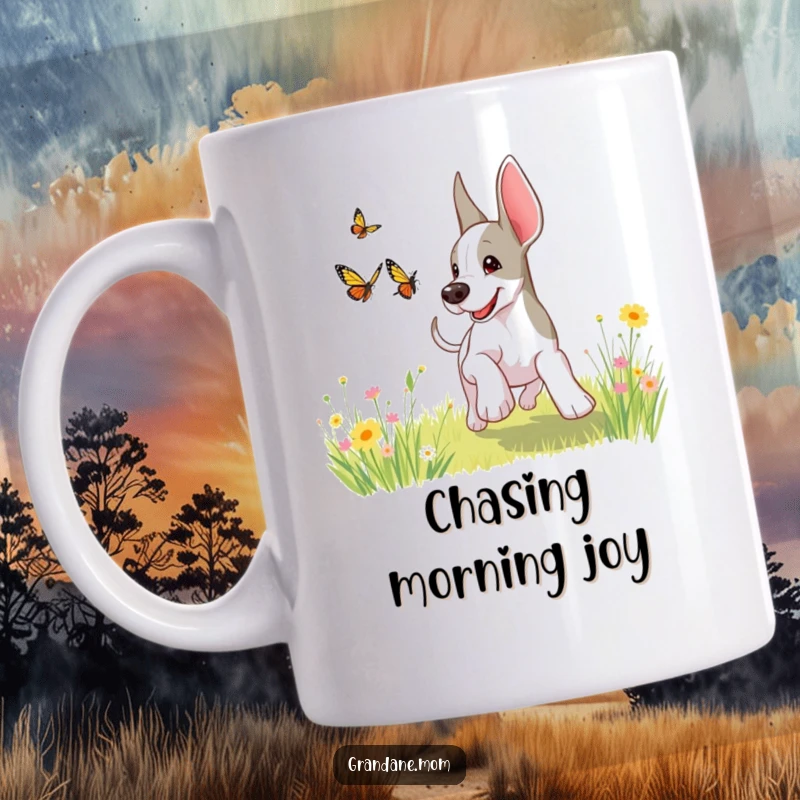 Funny, playful Grand Dane dog joyfully chasing a colorful butterfly through a sun-drenched meadow.