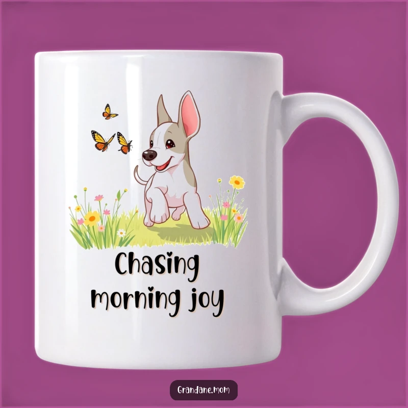 Funny Grand Dane Butterfly Mug: Playful Pup's Sunny Meadow Adventure!