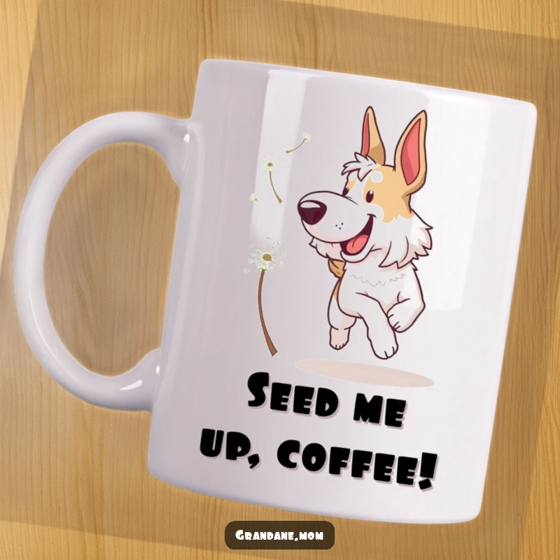 Funny Grand Dane Mug: A large, happy dog leaping joyfully to catch a floating dandelion seed in a whimsical illustration.