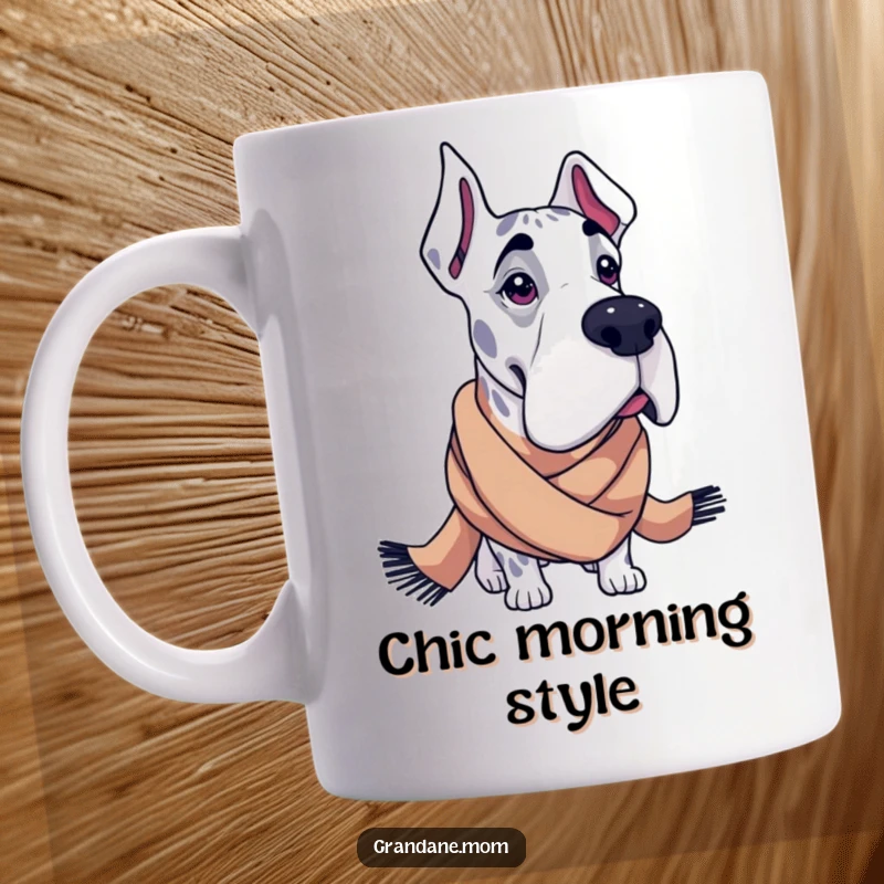 Funny Grand Dane mug featuring a large dog wearing a stylish, oversized scarf, looking sophisticated and fashionable.