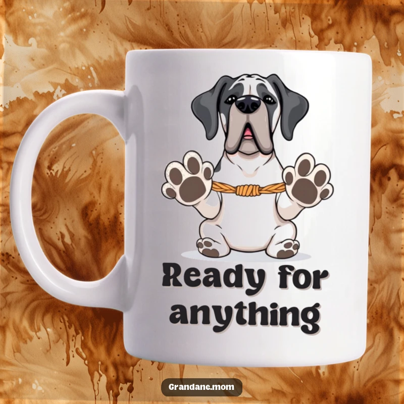 Funny Grand Dane mug showing a large dog with paws extended, eagerly anticipating a game of tug-of-war, full of playful energy.