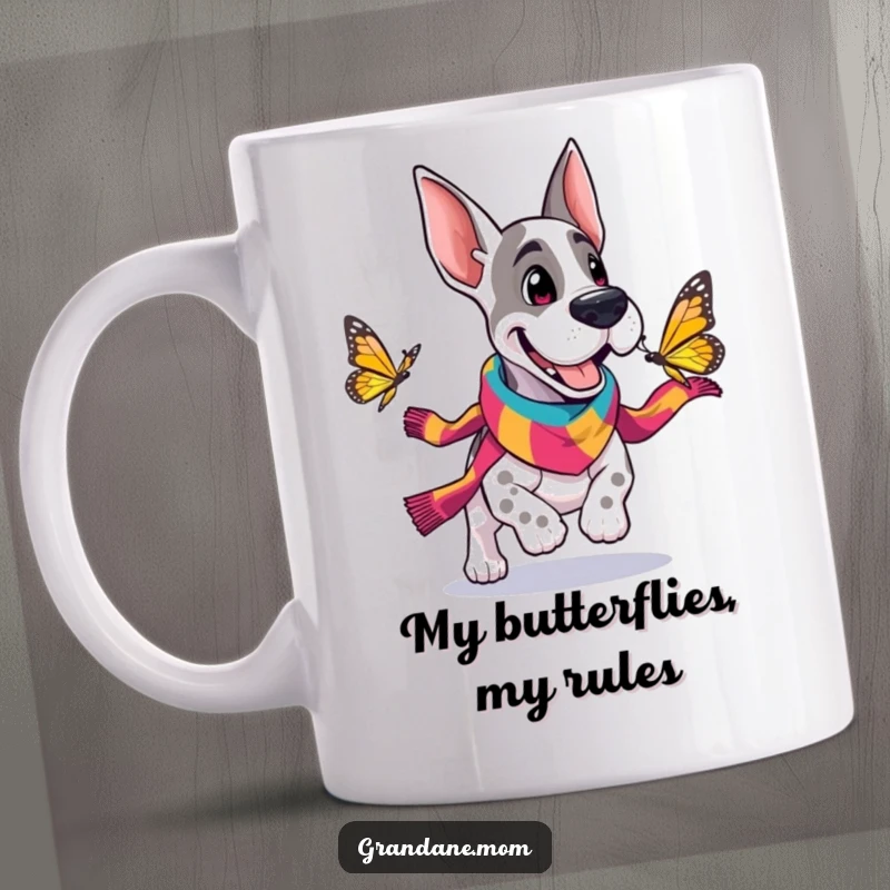 Funny Grand Dane mug with a cheerful dog wearing a scarf chasing a butterfly, full of playful energy and joy.