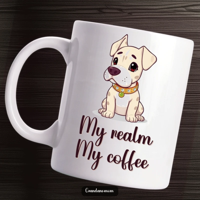 Funny Grand Dane mug, wearing a sparkling collar, surveying its surroundings with a noble, slightly smug expression. Great funny gift for dog lovers.