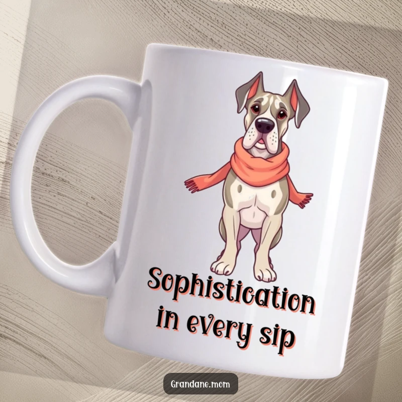 Funny Grand Dane Style Mug, a dog with a proud stance wearing an elegant scarf, exuding sophistication, a humorous fashion gift.