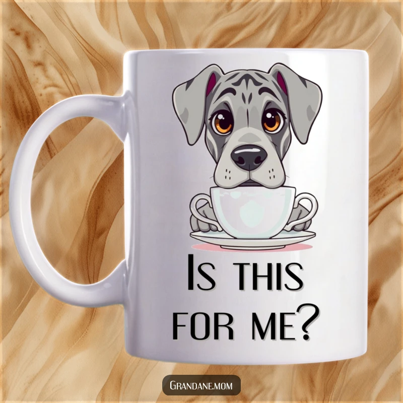 Funny Grand Dane mug, showing a dog with huge, questioning eyes peeking inquisitively over the rim of a teacup.