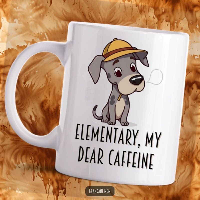 Funny Great Dane detective mug featuring a large dog in a hat, intently studying a clue, perfect for a humorous gift.