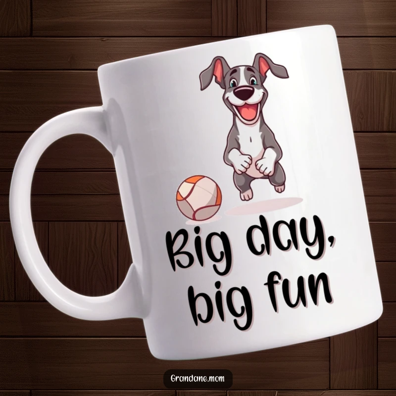 Funny Mug shows a cheerful Great Dane joyfully playing fetch with a comically oversized ball, radiating pure happiness.