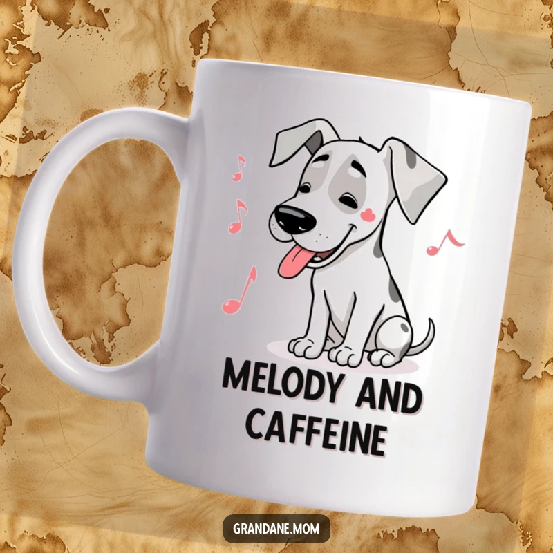 Funny Great Dane musician mug with a musical note, showing a happy dog humming a joyful tune with eyes closed.