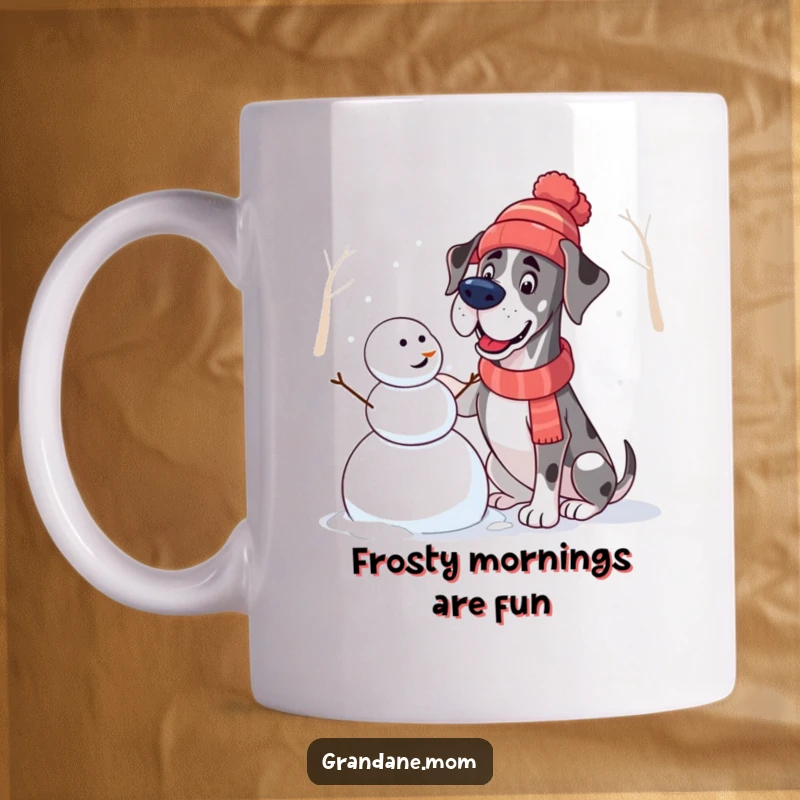 Funny Great Dane Mug: A happy Great Dane wearing a winter hat actively builds a snowman, full of wintery glee.