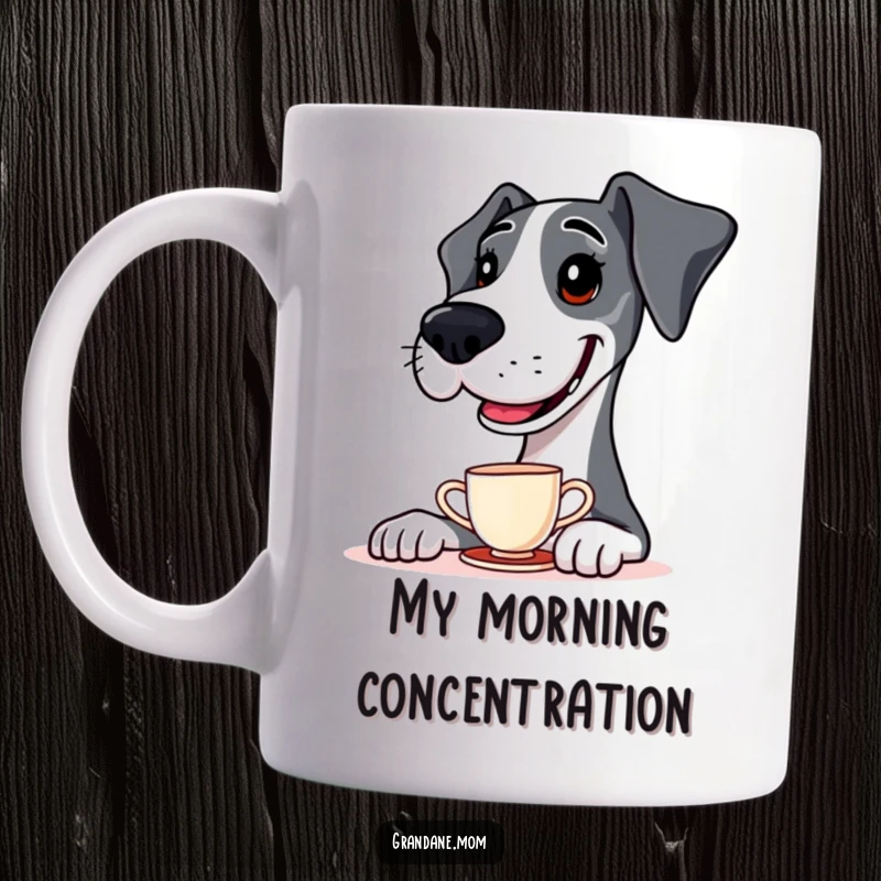 Funny Mug featuring a smiling Great Dane balancing a delicate teacup on its nose, showcasing quirky canine charm.