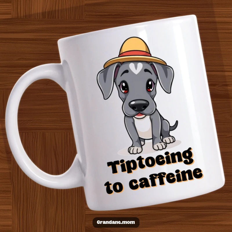 Funny Kawaii Great Dane mug: an adorable dog in an elegant hat is tiptoeing cautiously, exuding a cute and humorous stealth.