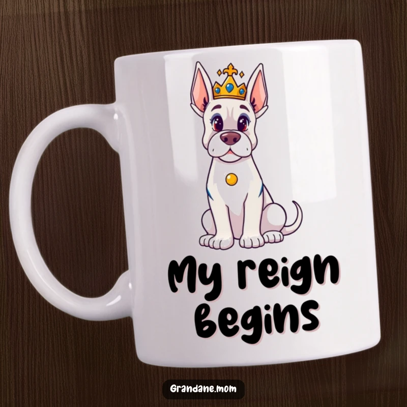Funny Grand Dane Mug: A majestic Grand Dane sits regally, wearing a tiny crown, exuding humorous royal charm and canine dignity.