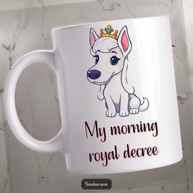 Funny Grand Dane tiara mug showing a large dog wearing a miniature crown, looking exceptionally regal and dignified.