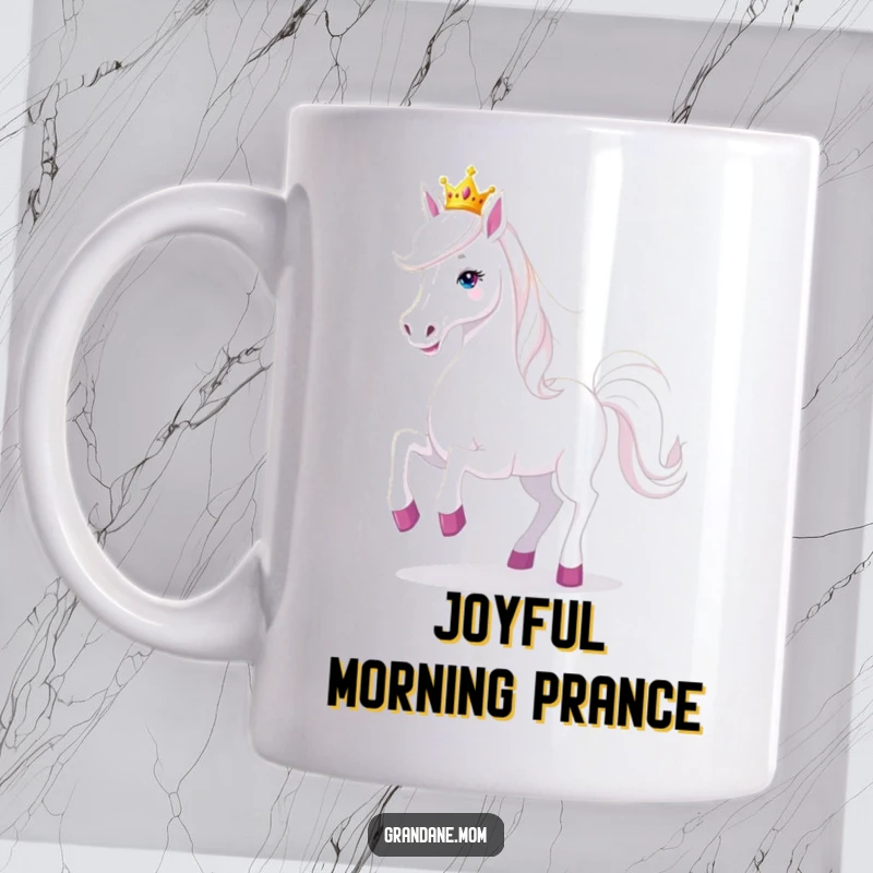 Funny Grand Dane dog wearing a tiny tiara, prancing playfully on a mug, celebrating joyful canine royalty.