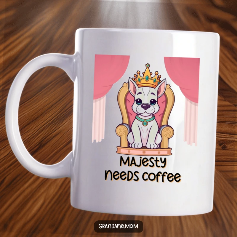 Funny Grand Dane King Mug showing a regal Grand Dane dog wearing a golden crown, sitting majestically on a throne.