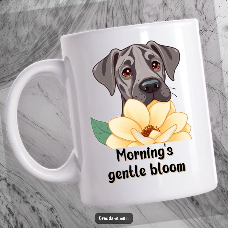 Funny Mug featuring a Great Dane with kind, curious eyes gently peeking over a vibrant large flower.